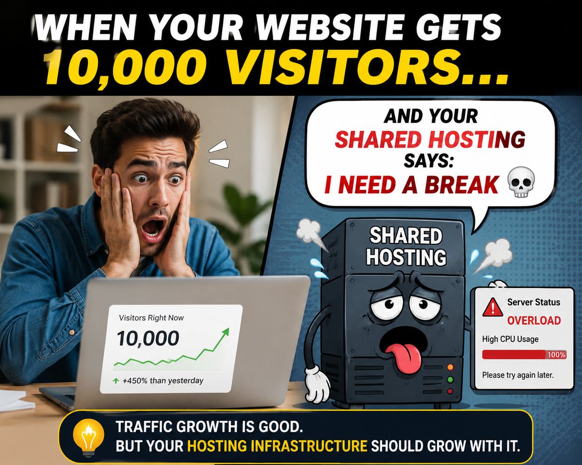 neuraxhost's tweet photo. When Your Website Goes Viral but Your Hosting Gives Up
More traffic is great. But if your hosting can’t scale with your growth, slow loading, errors, and downtime can follow.

📈 Traffic grows → your infrastructure should too.

#WebHosting #SharedHosting #VPSHosting ##SiteSpeed https://t.co/BGKoVgdZL8