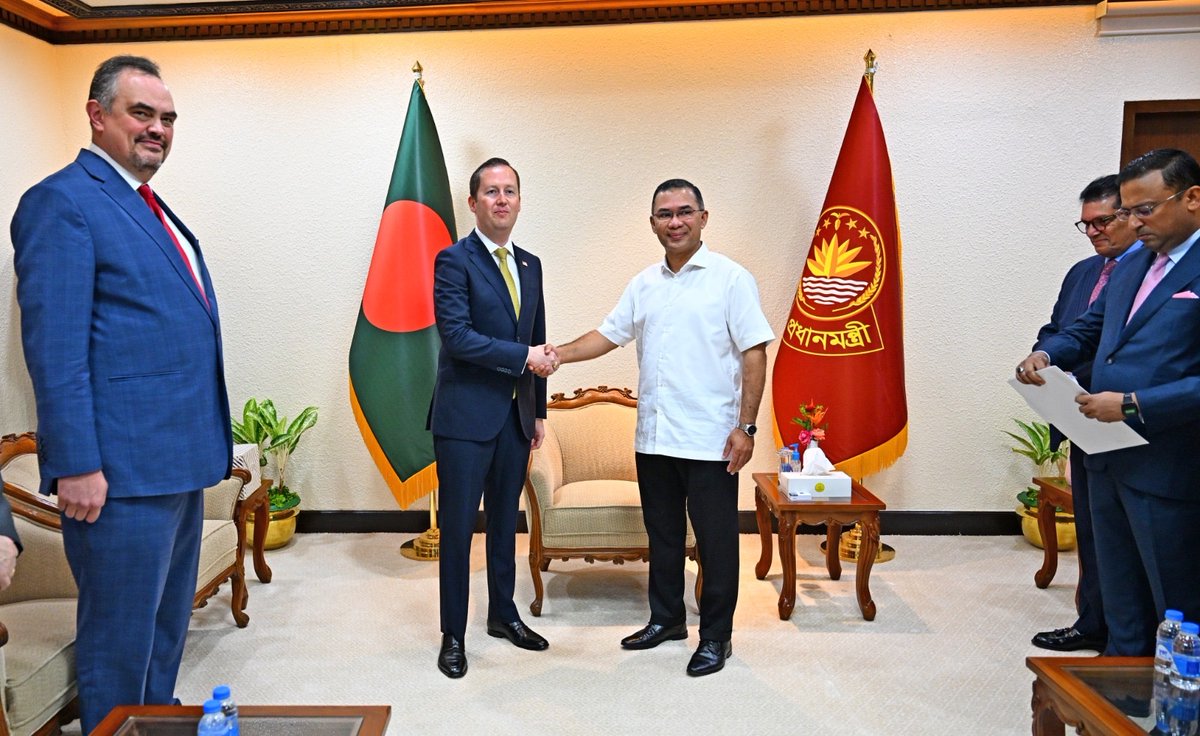 bdbnp78's tweet photo. U.S. Special Presidential Envoy for South and Central Asia, @USAmbIndia  , paid a courtesy call on BNP Chairman and Hon’ble Prime Minister Tarique Rahman today at the Prime Minister’s Office in Tejgaon.

During the meeting, they discussed Bangladesh-U.S. bilateral relations, trade and investment, regional cooperation, the Rohingya crisis, and other issues of mutual interest.

#PM #TariqueRahman #BNP #Bangladesh #USA #Diplomacy