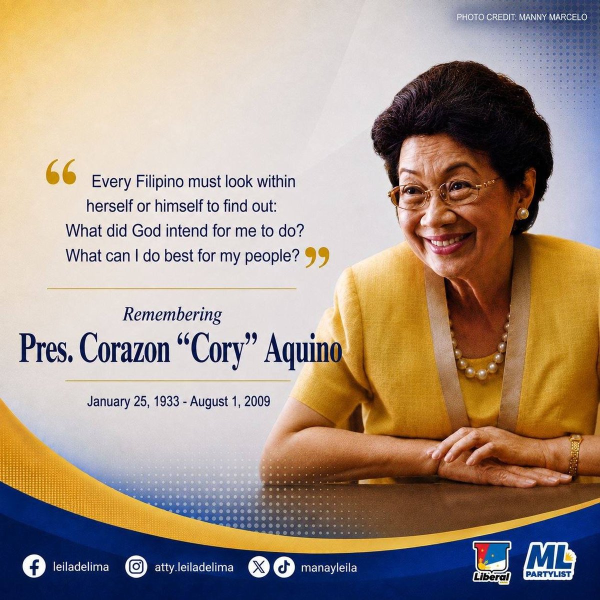 manayleila's tweet photo. Remembering former Pres. Cory Aquino on her 17th death anniversary. 🙏🏼💛

Pinili niyang mamuno at maglingkod sa sambayanang Pilipino nang buong puso, katapatan, malasakit at may integridad. 

Her legacy continues to live. Maraming salamat, Tita Cory! https://t.co/VLNowCgx7p