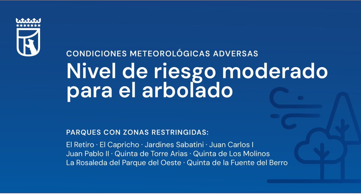 MADRID's tweet photo. 📢 Este sábado 1 de agosto, de 12:00 a 21:00 h., se activan las medidas recogidas en el protocolo de parques por riesgo moderado de afección al arbolado, según previsiones de @AEMET_Esp

👉 https://t.co/ZL0ySG8rUh https://t.co/CCCq8oiHVG
