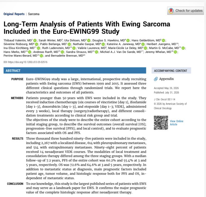 DraMartinezLago's tweet photo. 🦴 Euro-EWING99

🌍 N=3,395 | 17 years follow-up

📈 5 years OS
🟢 Localized: 75.2%
🫁 Lung-only M1: 56.0%
🔴 Extrapulmonary M1: 28.1%

🎯 Histologic response and local control remain key prognostic factors.

🔗 https://t.co/GnfrA9qAh8
@OncoAlert https://t.co/lXo5RBJMcV
