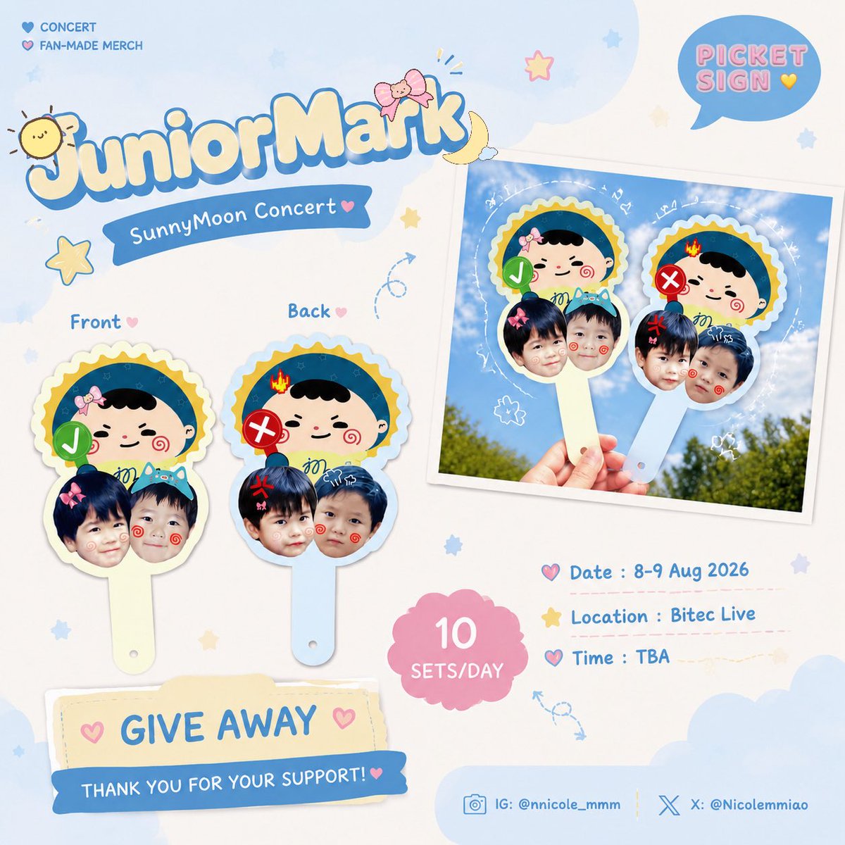 Nicolemmiao's tweet photo. 🎀🧸⋆˚✿𓊆ྀི Give away ❤︎𓊇ྀི

ꪔ̤̥ꪔ̤̮ꪔ̤̫

👐🏻available on 7th~9th  /ᐠ .⸝⸝⸝. ྀིﾏ

🤙🏻days countdown, so excited! Can’t wait to see you all～🥹💙💛☀️🌙💫

#JuniorMarkConcert
#JuniorMark #Jummo https://t.co/3fVehQFGaI