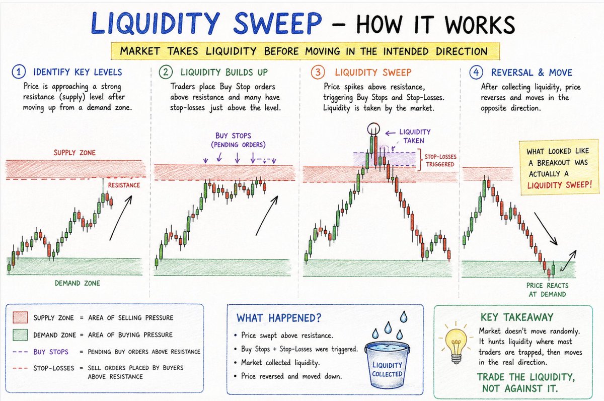 Shyam_Nair_'s tweet photo. 🚨 What is a LIQUIDITY SWEEP ⁉️ Many traders often complain:

"My stop-loss (SL) got hit... and then the market moved exactly as I expected!"

In many cases, price briefly moves just enough to trigger clustered stop-losses before reversing.

This often happens during a liquidity sweep.

A liquidity sweep occurs when the market briefly moves beyond a well-established support or resistance level to trigger stop-losses and absorb pending orders, before quickly reversing in the opposite direction.

‼️Who is selling to all these buyers? 

✔️Large institutional participants use this surge of buying liquidity to sell into the strength (or distribute long positions). 

Once they have absorbed enough buy orders, buying pressure dries up, & price may reverse sharply.

Learning to distinguish a liquidity sweep from a true breakout is a valuable skill that every trader should develop.

I will explain this concept with a practical example in a future post. 😊

#BackToBasics #PriceAction #Nifty #TradingEducation #Liquidity