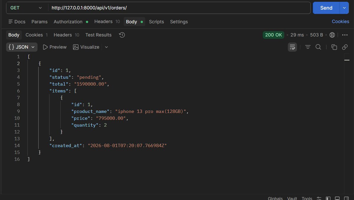Dev_emmy11's tweet photo. Today i tested the core flow of my e-commerce api🛍️

✓ user can now create accounts
✓ Add products to cart, check out, and   view their orders.
✓ Admin can also see all orders.

 Next up: handling order status.🏄 https://t.co/riT3NuybeD