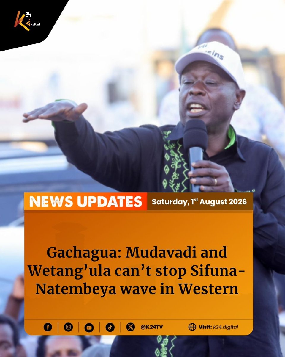 K24Tv's tweet photo. Former Deputy President Rigathi Gachagua has claimed that Prime Cabinet Secretary Musalia Mudavadi and National Assembly Speaker Moses Wetang’ula cannot stop the growing Linda Mwananchi wave in Western Kenya, which is being led by Nairobi Senator Edwin Sifuna and Trans Nzoia Governor George Natembeya.

Read the full story here: https://t.co/Cqd2xaLf2C