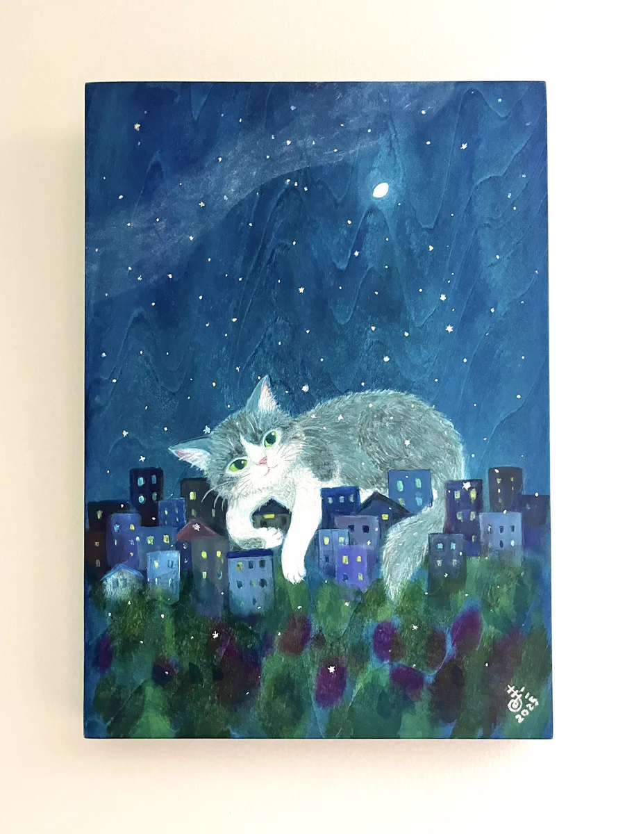 真作】絵画 アクリル画 蒼夜に佇む梟 月と星の幻想小品（額装） B76 真