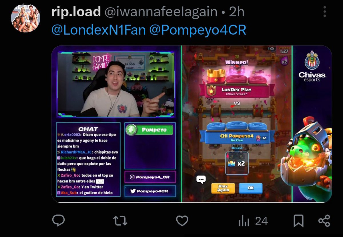 LondexN1Fan's tweet photo. LonDex Play was spotted inside a Twitch live stream, winning against the loon goat. 1/08/2026 https://t.co/k1kh0vQuGl