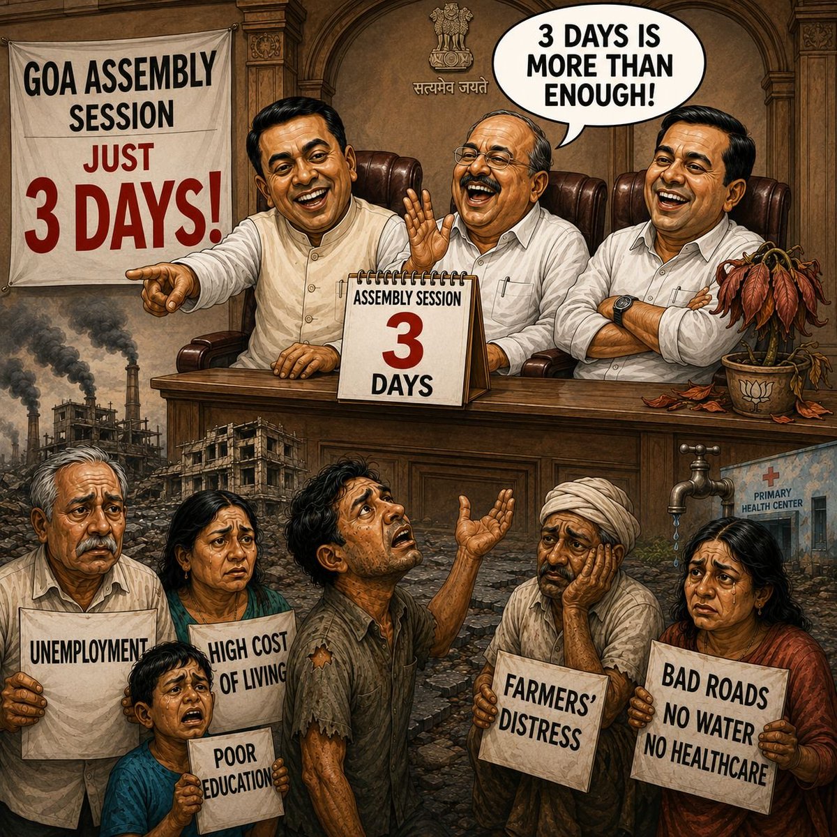 Goaforwardparty's tweet photo. A 3 day Assembly is an injustice to every Goan struggling with unemployment, inflation, water shortages, poor roads, failing healthcare, farmers' distress, environmental destruction, and declining public services.

The Goa Forward Party demands a full 20 day Assembly session so that every issue affecting Goa and every concern of every Goan is debated on the floor of the House. The Assembly exists to question the government, not to protect it from questions.

#GFPforGoa #GoaForward #Assemblysession #Accountability
