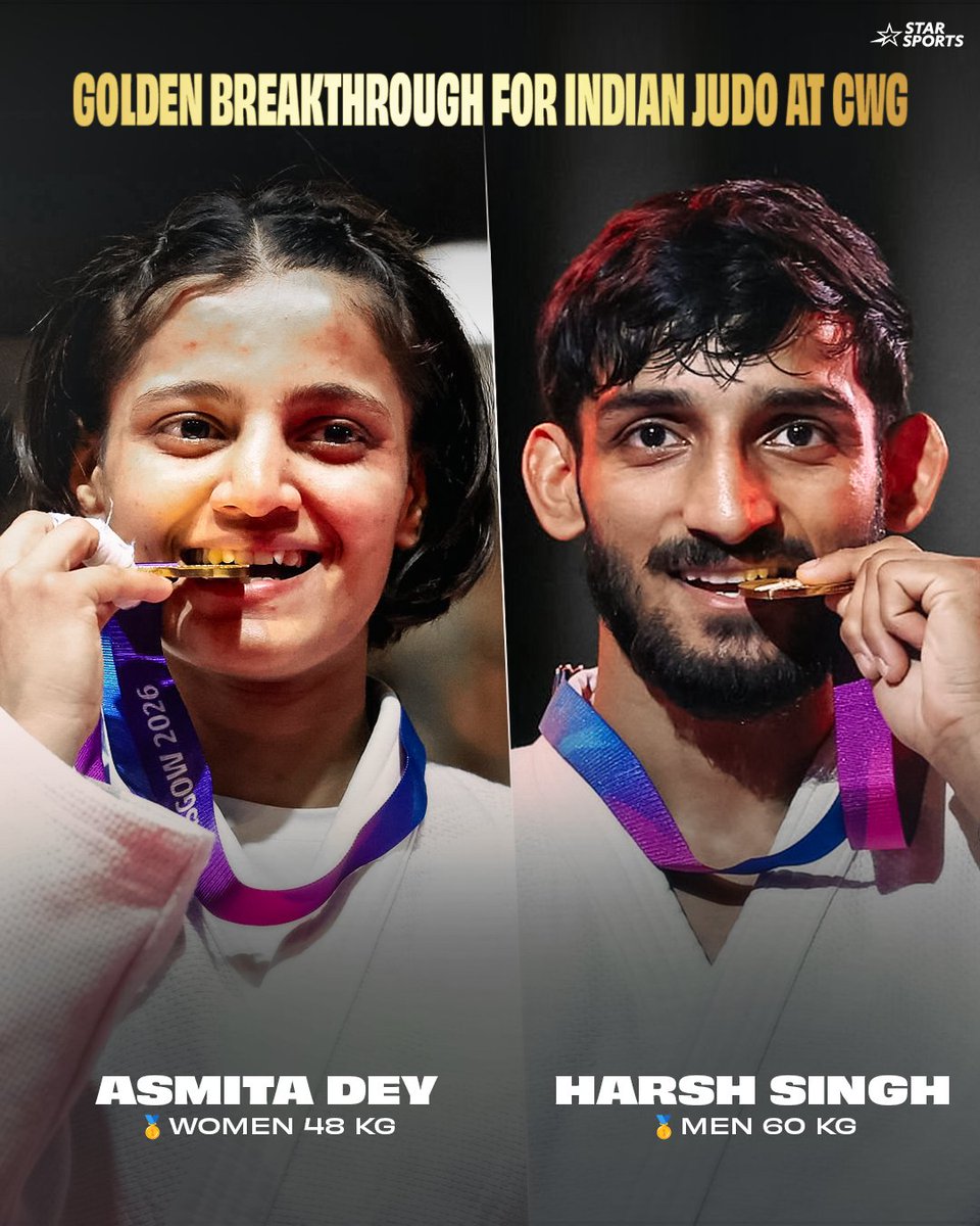 StarSportsIndia's tweet photo. Two historic golds. One unforgettable day. 🥋💙

#AsmitaDey won India's first-ever Commonwealth Games Judo gold in the women's 48 kg event, while #HarshSingh became the first Indian male judoka to win Commonwealth Games gold with a stunning victory in the men's 60 kg final. 🫡

#CWG26