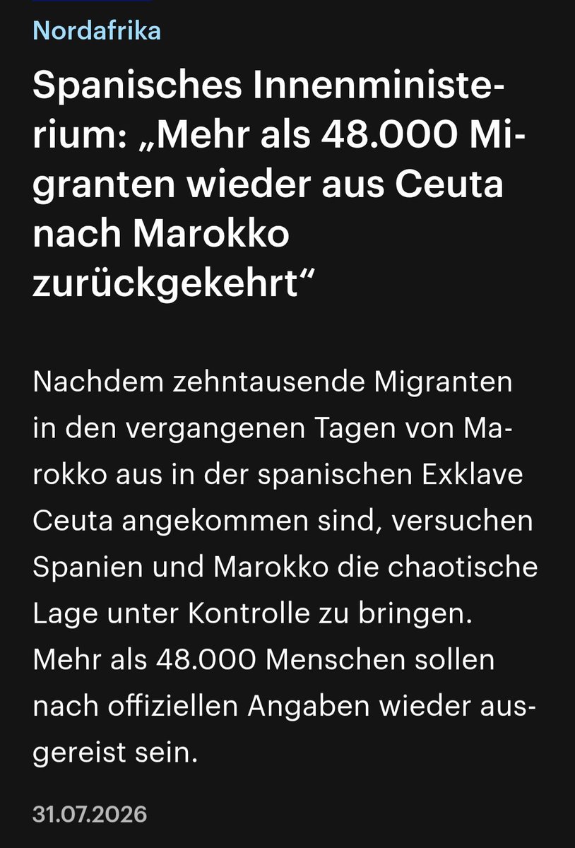 MicBerlin2's tweet photo. @Frohnmaier_AfD Pedro Sánche weiß was er tut!
Die spanische Armee war schnell vor Ort und über 90% sind bereits wieder in Marokko, aber was interessiert die #AfDVerbotjetzt schon Fakten 🙄 https://t.co/RM8KhhOkWG