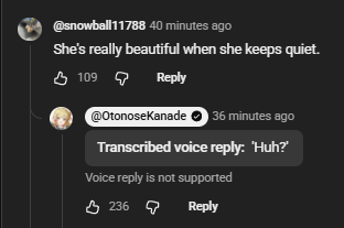 AriaEbenfalls's tweet photo. This youtube comments interaction on Kanade's new short is killing me https://t.co/kWLOcOEbsP