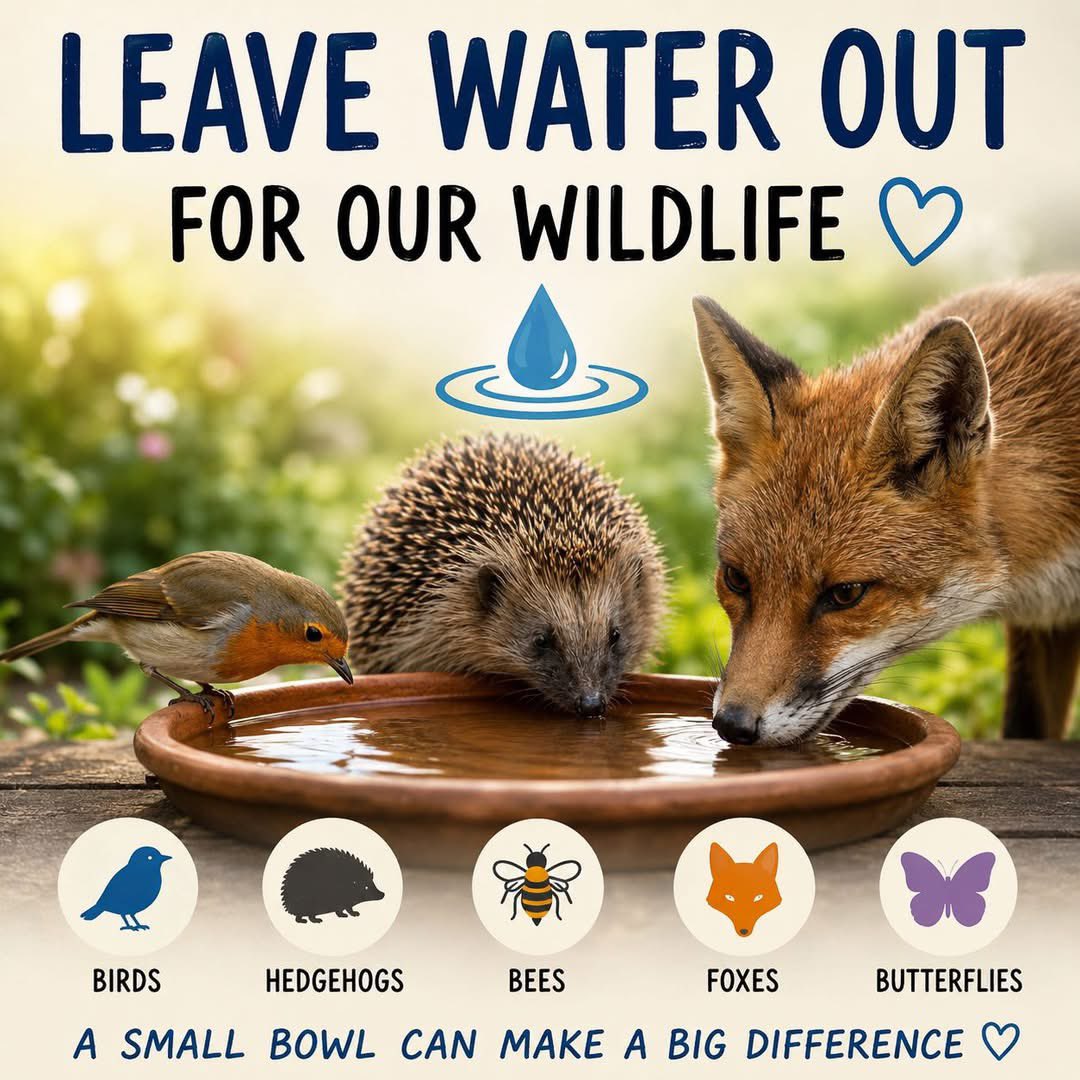 Protect_Wldlife's tweet photo. 💧 PLEASE LEAVE WATER OUT FOR OUR WILDLIFE 💧

As the warmer weather continues, even something as simple as a shallow bowl of clean water can make a huge difference to our local wildlife.

Birds, Hedgehogs, Foxes, Bees, Butterflies and many other animals struggle to find safe water sources during dry and hot periods — especially in built-up areas where ponds, ditches and natural puddles are disappearing.

A few simple facts: 

• Birds need water not just for drinking, but also to keep their feathers clean and healthy.

• Hedgehogs can become dehydrated very quickly in warm weather.

• Bees and pollinators use water to help cool their hives and survive hotter temperatures.

• Foxes, Squirrels and even Bats will often visit gardens at night looking for water.

• A shallow dish with stones or pebbles helps insects land safely without drowning.

What you can do: ✔ Leave out a shallow bowl of fresh water

✔ Change the water daily

✔ Add pebbles or stones for insects and bees

✔ Keep bowls low to the ground for Hedgehogs and Foxes.

✔ Place water somewhere shaded if possible.

Even the smallest action can help support the wildlife around us 🦔 🦊 🐦‍⬛ 🐝

Residents supporting residents… and wildlife too. ❤️