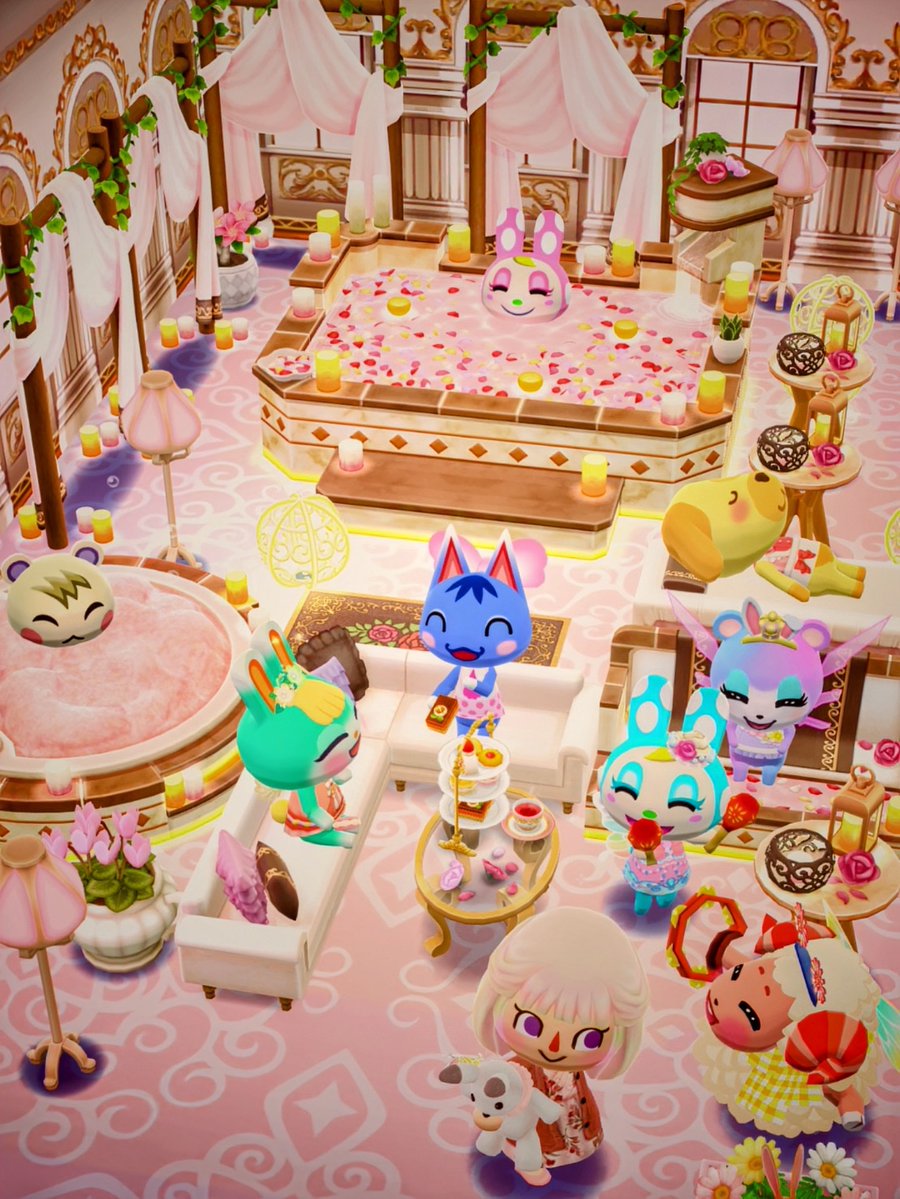 ponponlunaluna's tweet photo. LUNA 🌸の癒しのラグジュアリースパ

こんばんにゃ　🐱
今日も1日お疲れさまでありんす　🤍

7月は大変お世話になりんして8月もどうぞよしなにお願い致しんす　🌸

どうぶつさん達とゆったりフラワーバスで贅沢なひとときを過ごしているみゃあ　　🐈

今日8月1日は洗濯機の日でありんす　🌸
実は世界初の電気洗濯機ってお水がバシャバシャ飛び散るとっても豪快なものだったらしいにゃあおもしろいにゃ　🐾

ラグジュアリーバスタイムでお洗濯したてみたいにピカピカになっちゃうにゃー　🐈‍⬛

夕食をしっかり食べて今夜もゆっくり休んでおくんなまし　🌸

何食べたいのかにゃー　🐈‍⬛
美味しいごはん食べてね✨

ゴロゴロみゃあ　🐾

#どうぶつの森 #おうち時間