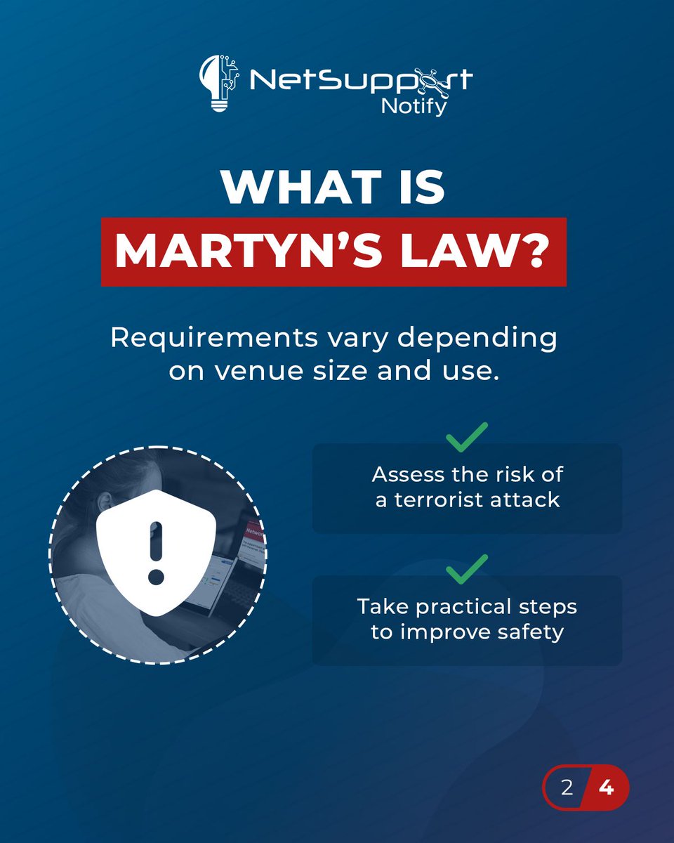 NetSupport_Corp's tweet photo. What does Martyn's Law mean for your business?
Rather than taking a one-size-fits-all approach, the legislation has been designed so that the level of responsibility reflects the size and use of a venue.
Learn more here: https://t.co/8vYbfzuB2O https://t.co/aBgVqkQqqx