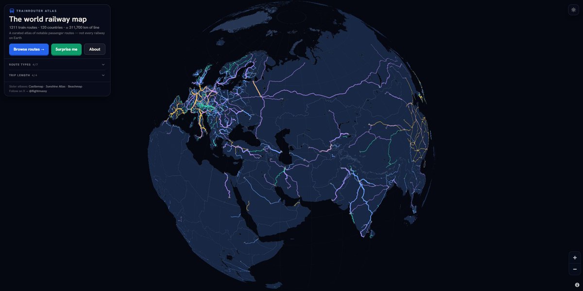Flightmussy's tweet photo. https://t.co/mRmRZ1MtLo The world railway map - 1211 train routes - 120 countries ≈ 311,700 km of line https://t.co/pUKM5DMwpl