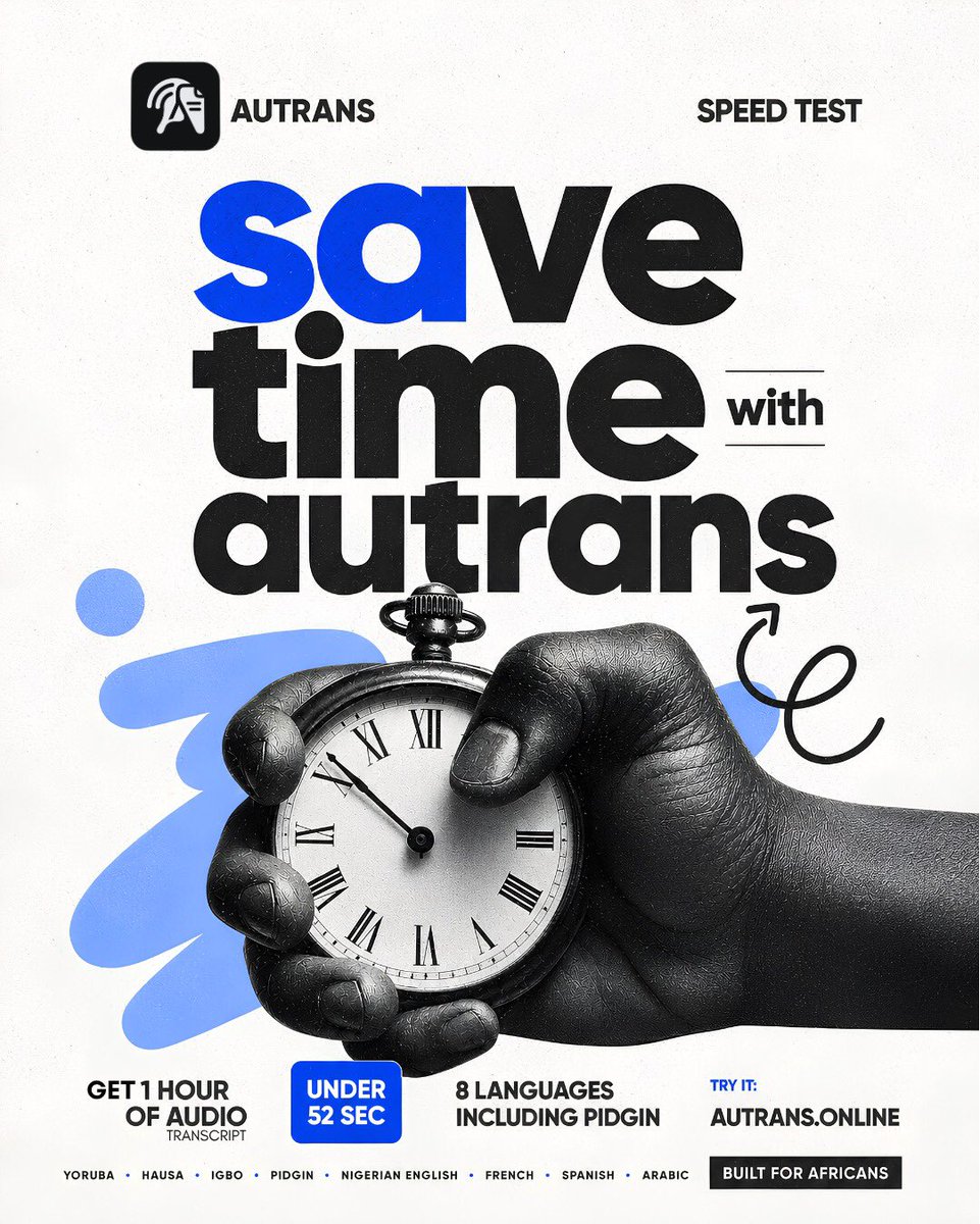 AutransAi's tweet photo. Your audio is still buffering…
Meanwhile Autrans already finished the whole hour.
Yoruba. Hausa. Igbo. Pidgin. And more.
Stop waiting. Start transcribing.
Save time with Autrans 
https://t.co/2fGc3kqoIZ https://t.co/Qt7VOPBZA1