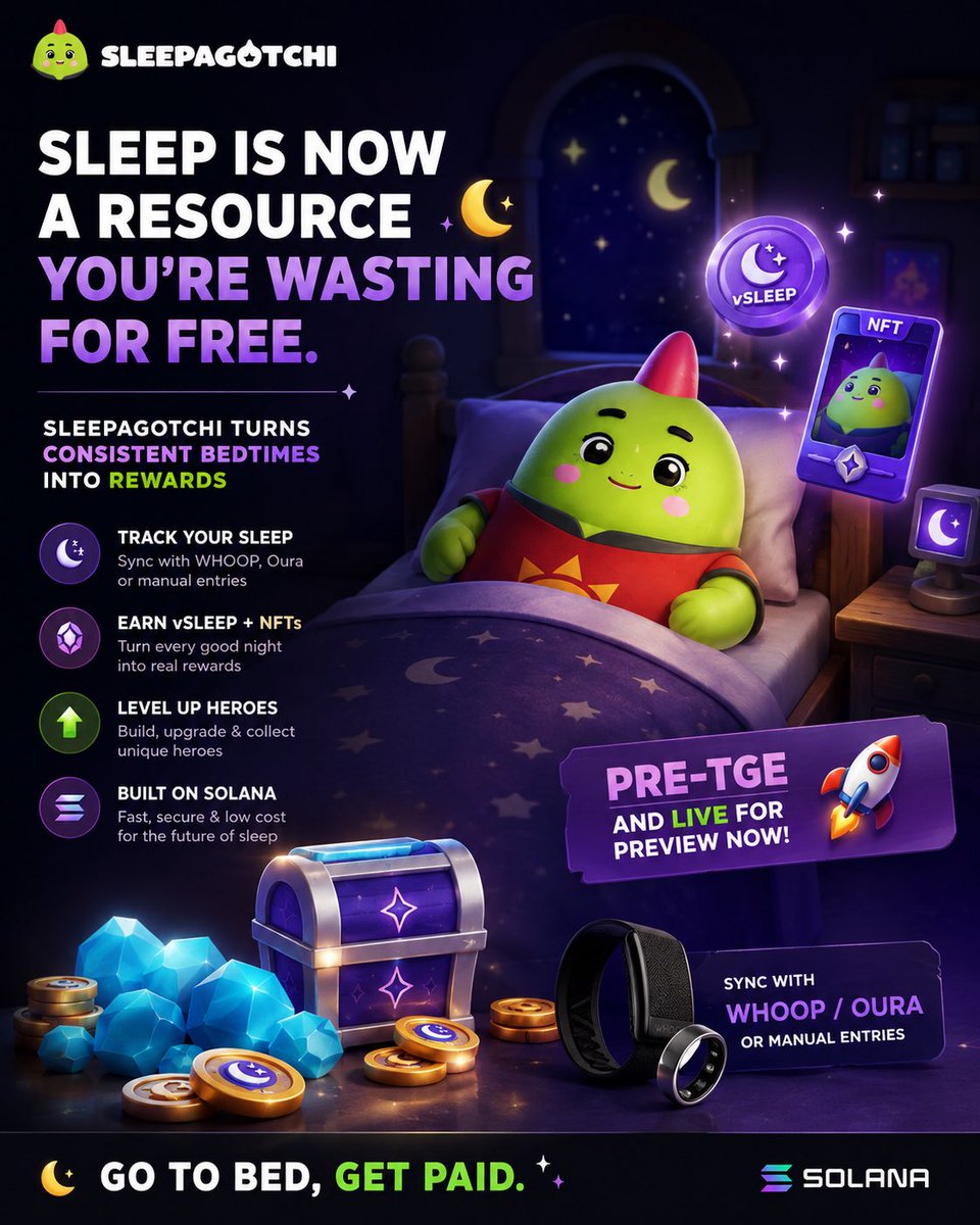cokebwwwoy's tweet photo. Sleep is now a resource you’re wasting for free.

@sleepagotchi turns consistent bedtimes into rewards, track your sleep, earn vSLEEP + NFTs, level up heroes while you rest. 

Built on @solana, syncs with Whoop/Oura or manual entries.

Pre TGE and live for preview now. 

Go to bed, get paid.