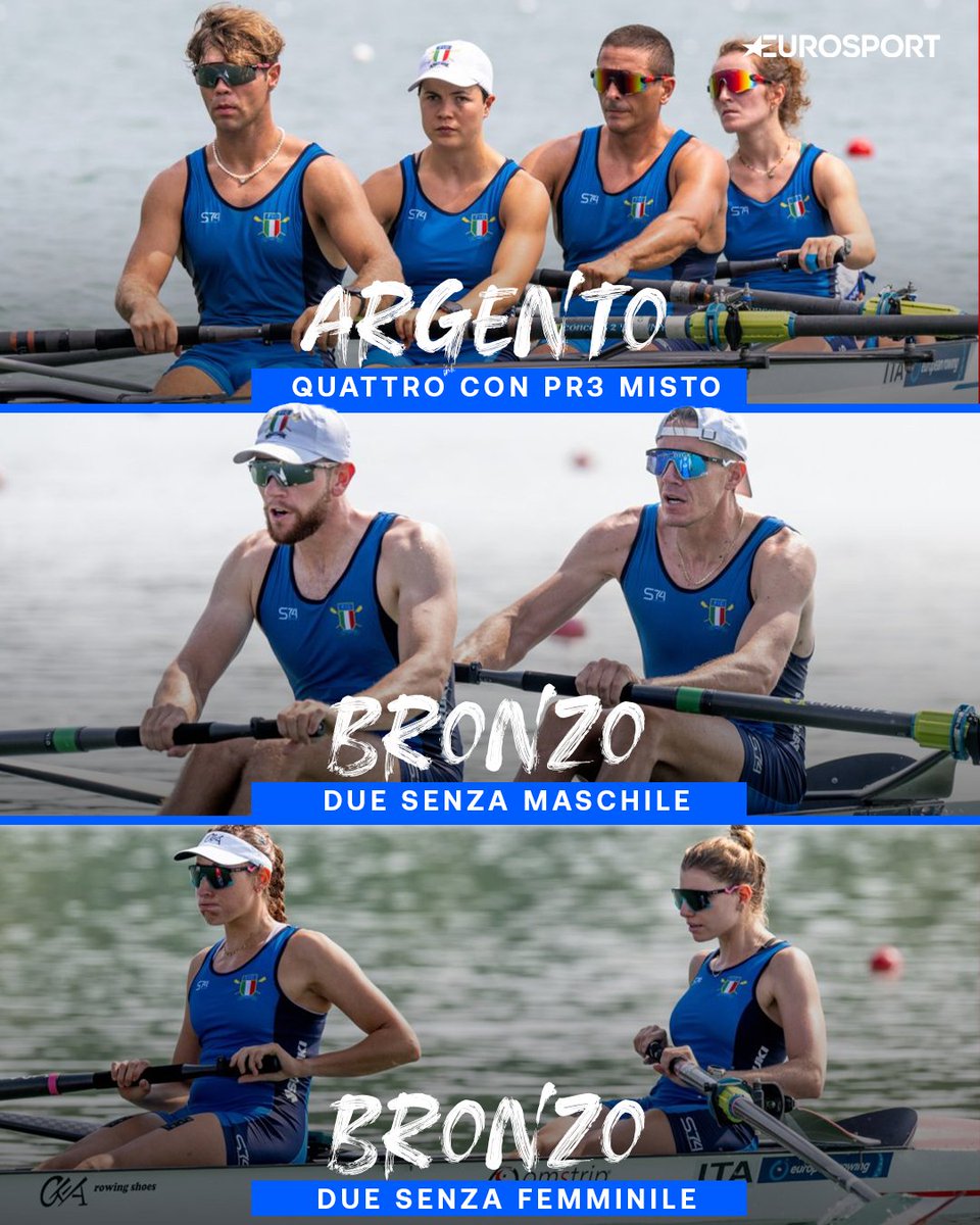 Eurosport_IT's tweet photo. TRE MEDAGLIE PER GLI AZZURRI 🛶

L'Italia conquista tre medaglie nella giornata centrale degli Europei di canottaggio in corso di svolgimento a Varese (31 luglio, 2 agosto) 💙

Medaglia d'argento nel quattro con PR3 misto grazie all'equipaggio composto da Martina Osualdini, Marco Frank, Carolina Foresti e Stanislau Litvinchuk, con Chiara Reto al timone. Gli Azzurri chiudono alle spalle della Gran Bretagna e davanti alla Francia, terza 🥈

Doppio bronzo, invece, nelle specialità del due senza. Tra le donne, Laura Meriano e Alice Codato salgono sul terzo gradino del podio al termine di una finale dominata dalla Romania, davanti alla Repubblica Ceca. Stesso piazzamento anche nel due senza maschile, dove Matteo Lodo e Giovanni Codato terminano anch'essi alle spalle della Romania e della Lituania medaglia d'argento 🥉 

📸 @canottaggio8888, https://t.co/1s0YXDP9BC

#canottaggio #rowing #ERCHVarese #EuropeanRowingChamps