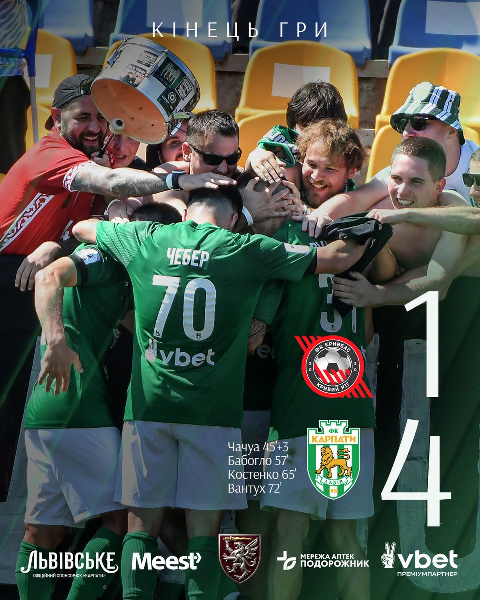 KarpatyLvivFC's tweet photo. "Кривбас" 1:4 "Карпати" ⚽️

Здобуваємо перемогу в першому поєдинку нового сезону 🔥💪🏽

Голами відзначилися: 
✔️ Амбросій Чачуа (45+3 хв)
✔️ Владислав Бабогло (57 хв)
✔️ Ян Костенко (65 хв)
✔️ Роман Вантух (72 хв) https://t.co/z5ZRUiaGMt