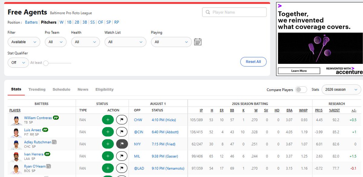 pcguy76's tweet photo. @ESPNFantasy Fix Fantasy Baseball. When trying to add a free agent pitcher, only batters can be viewed. AND what is the "W" where "C" used to be to view catchers? Fix that too, please. https://t.co/SU4R5e2rlT