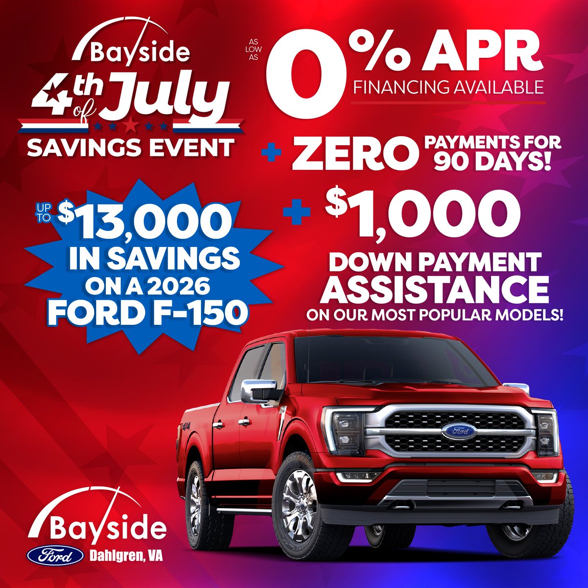 BaysideFord's tweet photo. Last call for 4th of July Savings at Bayside Ford! 🇺🇸 Your next Ford truck, SUV, or car could be waiting—but these offers are ending soon. Shop today!

📲 540-709-1280
📍 17020 Consumer Row, King George, VA
🖥️ https://t.co/HN5KJmRWj9 https://t.co/HT2HFSPsOI