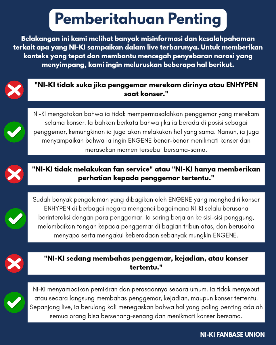 NI_KIZONE's tweet photo. 『📢』Important Notice
 
Kami mengajak semua orang untuk menonton live tersebut secara menyeluruh dan memahami apa yang NI-KI sampaikan berdasarkan perkataannya secara langsung, bukan hanya dari pengalaman pribadi atau interpretasi masing-masing.

Konser dan fansign memiliki tujuan yang berbeda, sehingga keduanya juga sebaiknya dinikmati sesuai dengan tempat dan situasinya. Dengan memahami hal tersebut, kita dapat bersama-sama menciptakan lingkungan fandom yang saling menghargai dan memberikan dukungan kepada NI-KI dengan cara yang positif.

Mari terus menciptakan lingkungan yang positif dan mendukung NI-KI dengan bijaksana.

Ni-ki’s Live
🔗 https://t.co/OyAccOpokb

Reporting portal for malicious posts
🔗 https://t.co/e9x2Jjhv5N