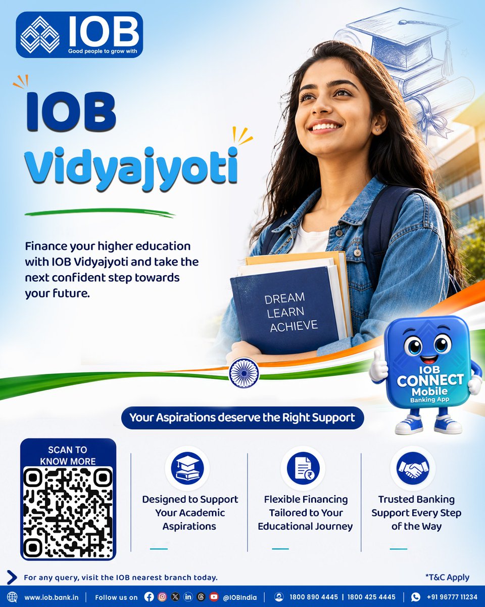 IOBIndia's tweet photo. Visit: https://t.co/N8mNKJGf02

Turn your academic aspirations into reality with IOB Vidyajyoti.

Discover education financing designed to support your
journey towards higher education with confidence.​

#IndianOverseasBank #IOB #IOBVidyajyoti #EducationLoan
#HigherEducation #FutureReady #AcademicSuccess
#StudentFinance #GoodPeopleToGrowWith
