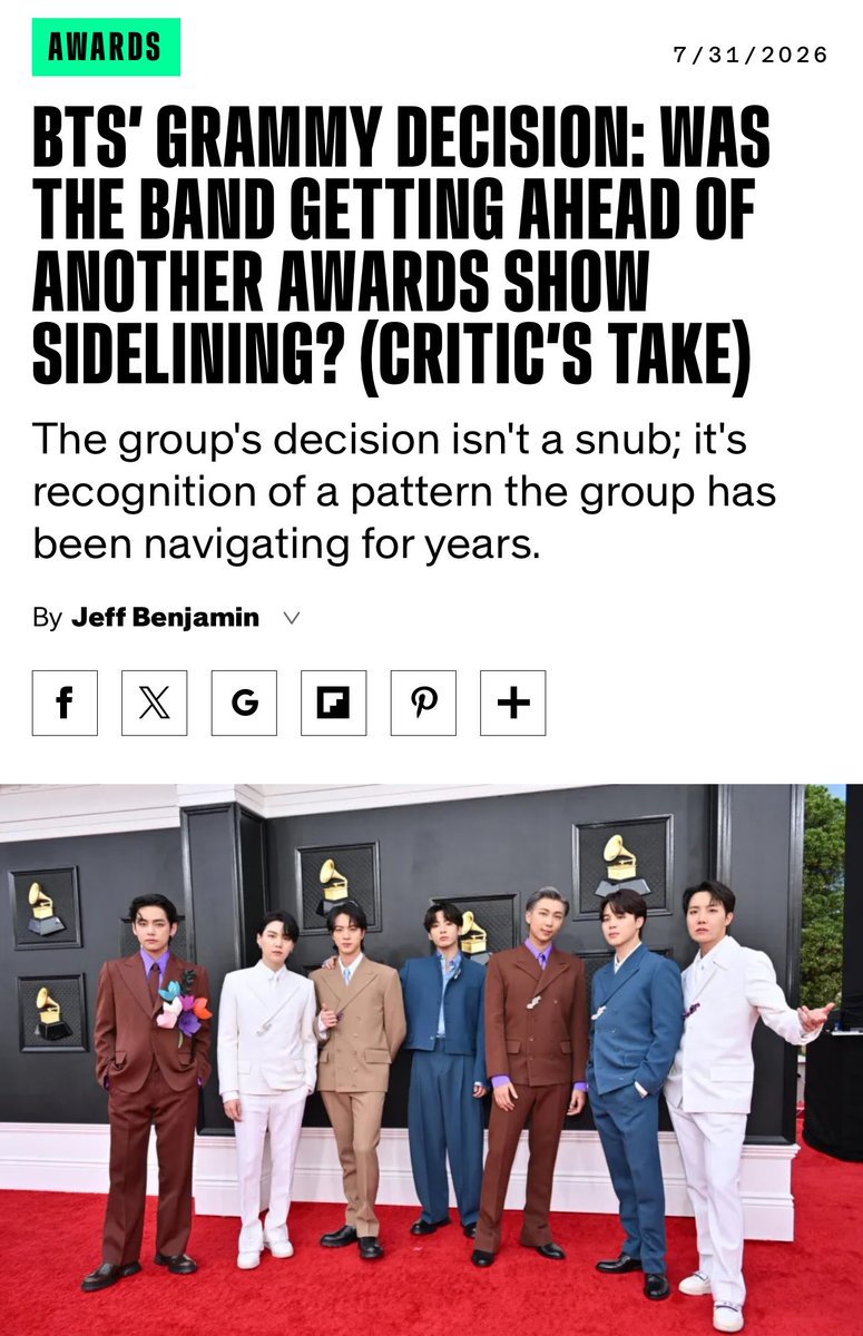 Arab_Armys_Vote's tweet photo. مقال مجلة بيلبورد :

لطالما أكدت جوائز غرامي أن الترشيحات والجوائز لا ينبغي أن تُبنى على النجاح التجاري. ومع ذلك، فإن فنانًا يحقق الأرقام التي حققتها BTS لا يفترض أن يطالب بمكانه، لأنه موجود بالفعل ويستحق أن يشغل المساحة التي كسبها بإنجازاته، بغض النظر عن مستوى الاعتراف الذي يُمنح له.

وترى بيلبورد أن BTS لم ترفض التقدير، بل رفضت شكلًا من أشكال التقدير الذي اعتبرته أقل من المكانة التي استحقتها بإنجازاتها هذا العام، وذلك في اللحظة التي ربما كانت ستمنحها الجائزة التي سعت إليها لسنوات.

ورغم أن أغنية "SWIM" لم تكن مؤهلة ضمن فئة أفضل موسيقى بوب آسيوية، فإن أغاني الألبوم مثل "Hooligan" و"2.0"و "Aliens"و"Body to Body" كانت جميعها، بحسب المجلة، جديرة بترشيحات غرامي. كما أن المكانة العالمية التي تتمتع بها الفرقة كانت قد تمنحها أول جائزة غرامي في مسيرتها، مع احتمالية تحقيق المزيد من الجوائز في الإصدارات المستقبلية والأعمال الفردية.

وأضافت المجلة أن فرقة BTS لم تكن يومًا فرقة تكتفي بإنجازاتها السابقة، إذ جاء ألبوم ARIRANG برؤية عالمية واضحة، واستعان بمجموعة جديدة من المتعاونين لتقديم تجربة مختلفة، بعدما سبق للفرقة تحقيق ستة ألبومات في المركز الأول على مخطط بيلبورد 200 وست أغانٍ في صدارة Hot 100، قبل أن يرتفع هذا الرصيد إلى سبعة لكل منهما مع إصدار ARIRANG.. 

واختتمت بيلبورد بأن آرإم وجين ، شوقا ،جيهوب، جيمين، تايهيونق وجونقكوك  ربما لن يحظوا بفرصة أفضل للفوز بأول جائزة غرامي كفرقة من تلك التي اختاروا التخلي عنها. إلا أنهم فعلوا ذلك لأن البديل كان، على الأرجح، الفوز بطريقة تُكرّس الفكرة التي أمضوا مسيرتهم بأكملها في دحضها؛ وهي أن موسيقاهم مجرد فرع إقليمي أو بديل عن التيار السائد، وليست جزءًا أصيلًا من ثقافة البوب العالمية.

وختمت المجلة بالقول:
"لقد شاهدت BTS هذا الفيلم من قبل، وتعرف كيف تنتهي أحداثه. لكن هذه المرة، اختارت المغادرة قبل النهاية، مع توضيح أسبابها للجميع."