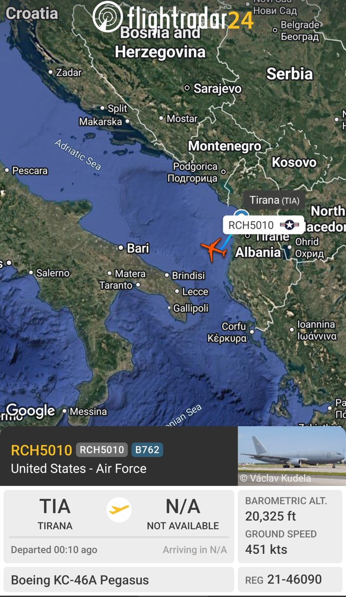 sipjack1776's tweet photo. KC-46A Pegasus 🇺🇲
#AE63C3/21-46090/RCH5010
Tracking NW over the Adriatic Sea out of Tirana 🇦🇱.
Aircraft arrived in Tirana out of Prague earlier today.
@Borrowed7Time @blackswanadria https://t.co/oikHzKOB3H