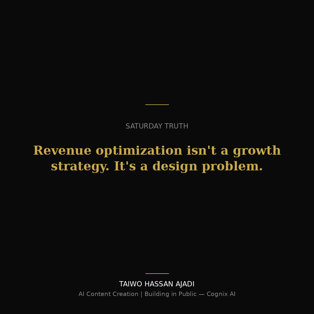 azant's tweet photo. CTA:
Revenue optimization isn't a growth strategy. It's a design problem.
What's the one part of your business you know isn't working but haven't fixed? Drop it below.
Tag @tech_babby @cognixai_
#Techbabby #BuildingInPublicWithCognixAI https://t.co/huvt57wp5y