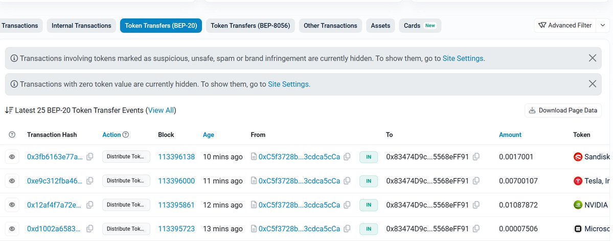 MEMESTOCKS_ETF's tweet photo. Seeing is believing. Here is how you check your NVIDIA,NVIDIA,MSFT, and other stock rewards from @MEMESTOCKS_ETF:
1️⃣ Go to https://t.co/PIyMxPzCLJ
2️⃣Paste your Wallet Address in the search bar. 
3️⃣ Click on the "BEP-20 Token Transfers" tab. 
4️⃣ Look for incoming transfers from the Proxy Contract every 15 minutes.
It’s that simple. Real assets, real-time, right in your wallet. I think you need more of it. 🦋💎
#BSC #MEMESTOCKS #cz