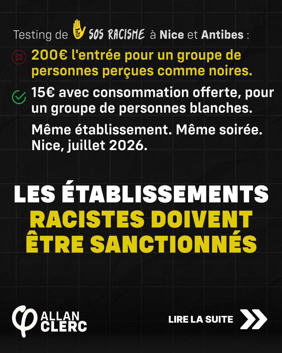 clercallan's tweet photo. 🚫 200€ pour un groupe perçu comme noir. 15€ avec conso offerte pour un groupe perçu comme blanc. Même boîte, même soirée, à #Nice.
#SOSRacisme a testé des établissements sur la Côte d'Azur : 1/3 a des pratiques discriminantes. https://t.co/QKoGfI43Ls