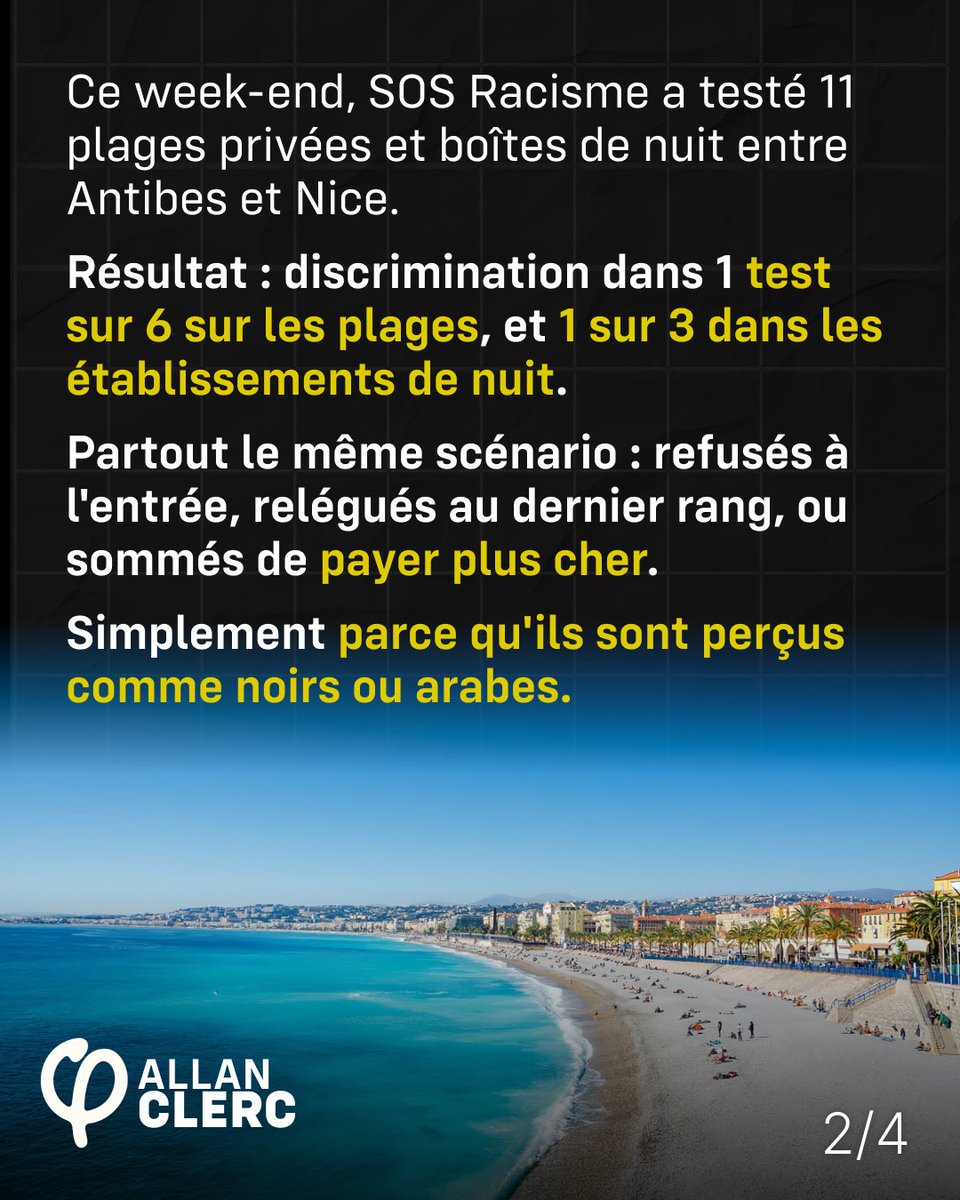 clercallan's tweet photo. 🚫 200€ pour un groupe perçu comme noir. 15€ avec conso offerte pour un groupe perçu comme blanc. Même boîte, même soirée, à #Nice.
#SOSRacisme a testé des établissements sur la Côte d'Azur : 1/3 a des pratiques discriminantes. https://t.co/QKoGfI43Ls