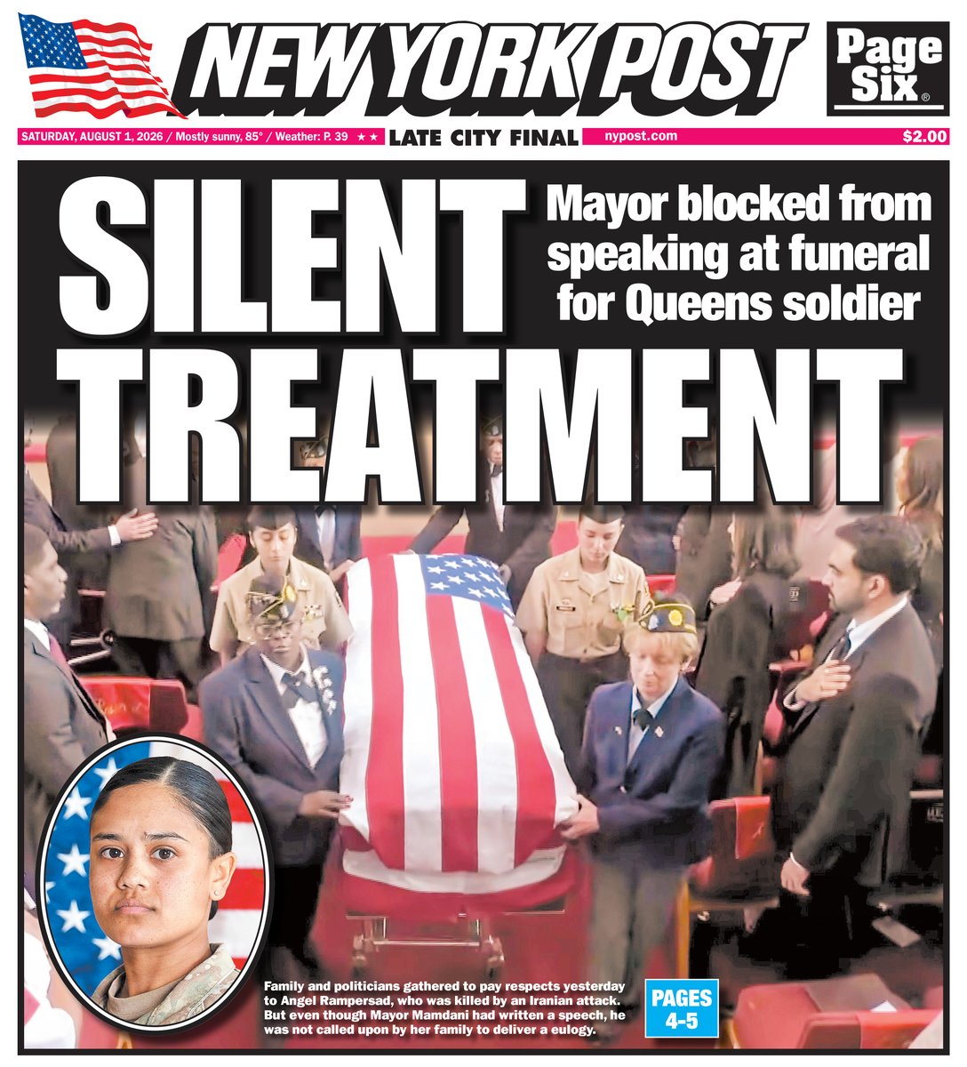 nypost's tweet photo. Today’s cover: Fuming Mamdani blocked from speaking at fallen NYC soldier’s funeral despite writing speech: ‘He was never called’ https://t.co/1pG7Te8B0h https://t.co/PGaIaEwpnv