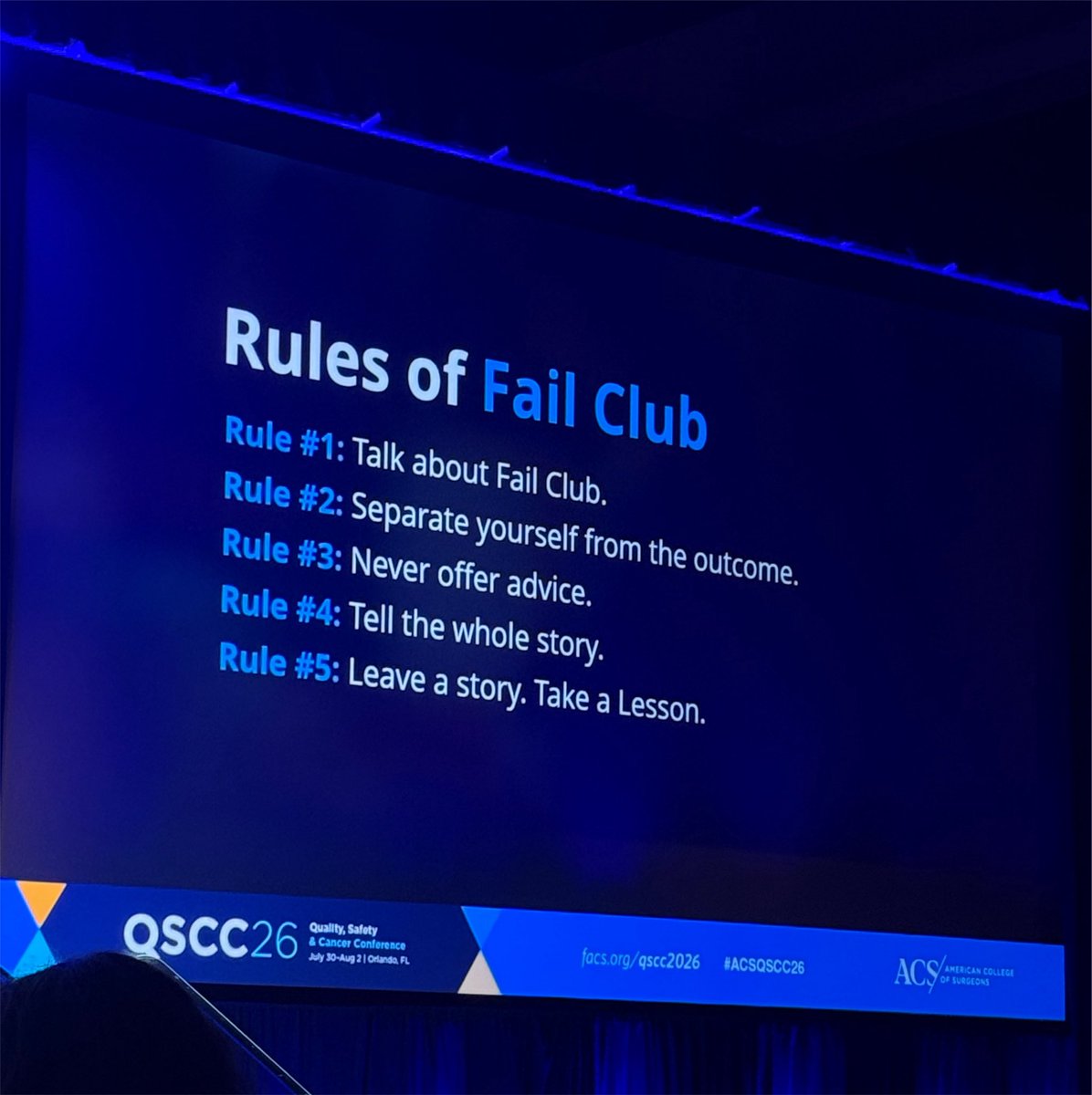 AmCollSurgeons's tweet photo. @uw_medicine Ashley Arehart from Oregon Health &amp; Science University welcomes all of the Quality Wizards to Fail Club. 🤝

The first rule of Fail Club: talk about Fail Club. 

#ACSQSCC26 https://t.co/HDWpuTzUdd