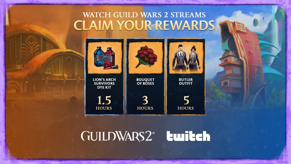 GuildWars2's tweet photo. ⏳ Don't miss out!  Watch Guild Wars 2 on Twitch to earn the Lion’s Arch Survivors Dye Kit, Bouquet of Roses, and Butler Outfit before they're gone on August 2nd!

https://t.co/nTmgFMidO9 https://t.co/SC0i9unnuP