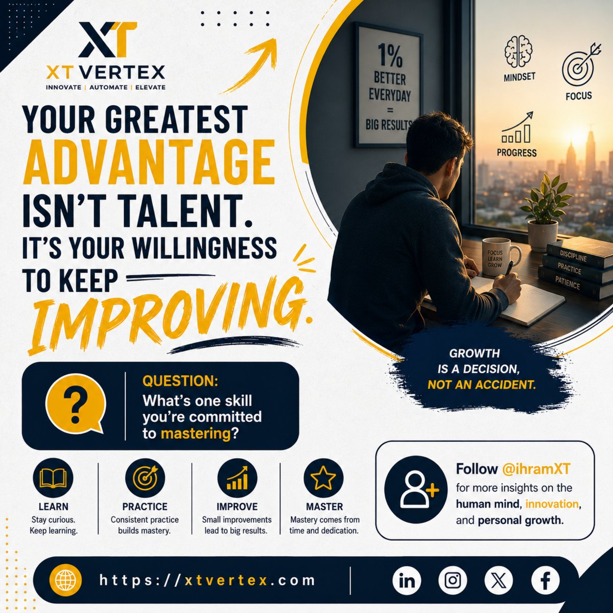 IhramXT's tweet photo. Your greatest advantage isn't talent. It's your willingness to keep improving.
Question:
What's one skill you're committed to mastering?
Follow @ihramXT for more insights on the human mind, innovation, and  growth.
https://t.co/f50dIpX9Kl
#XTVertX #Skills #Learning #Mindset https://t.co/FAue5hbWSx