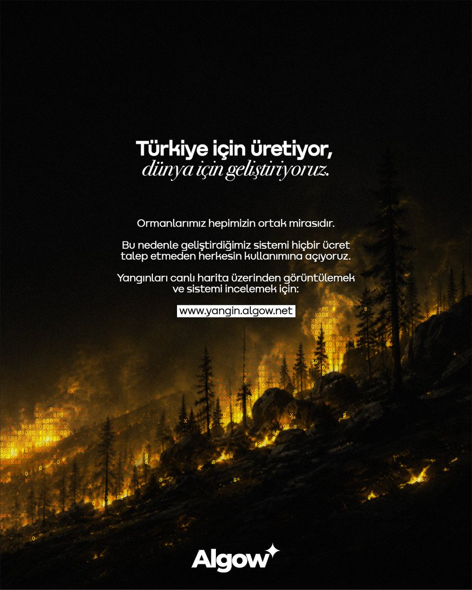 algownet's tweet photo. Ormanlarımızı korumak için teknolojiyi vatanımızın hizmetine sunuyoruz. 🇹🇷

Algow olarak geliştirdiğimiz ücretsiz sistem; yangınları takip ediyor, ilerleme yönünü analiz ediyor ve risk altındaki bölgelerin tahmin edilmesine katkı sağlıyor.

🔗 https://t.co/hjzPKP8QyL https://t.co/f37HwbOQg6