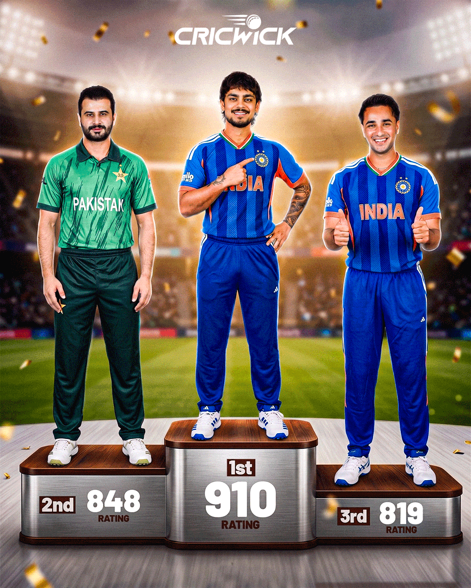 Cricwick's tweet photo. The current top-three T20I batters 📊

Ishan Kishan holds onto the top spot, while Abhishek Sharma dropped to third, with Sahibzada Farhan taking his spot at second 🎖️ https://t.co/owd24zpiN9
