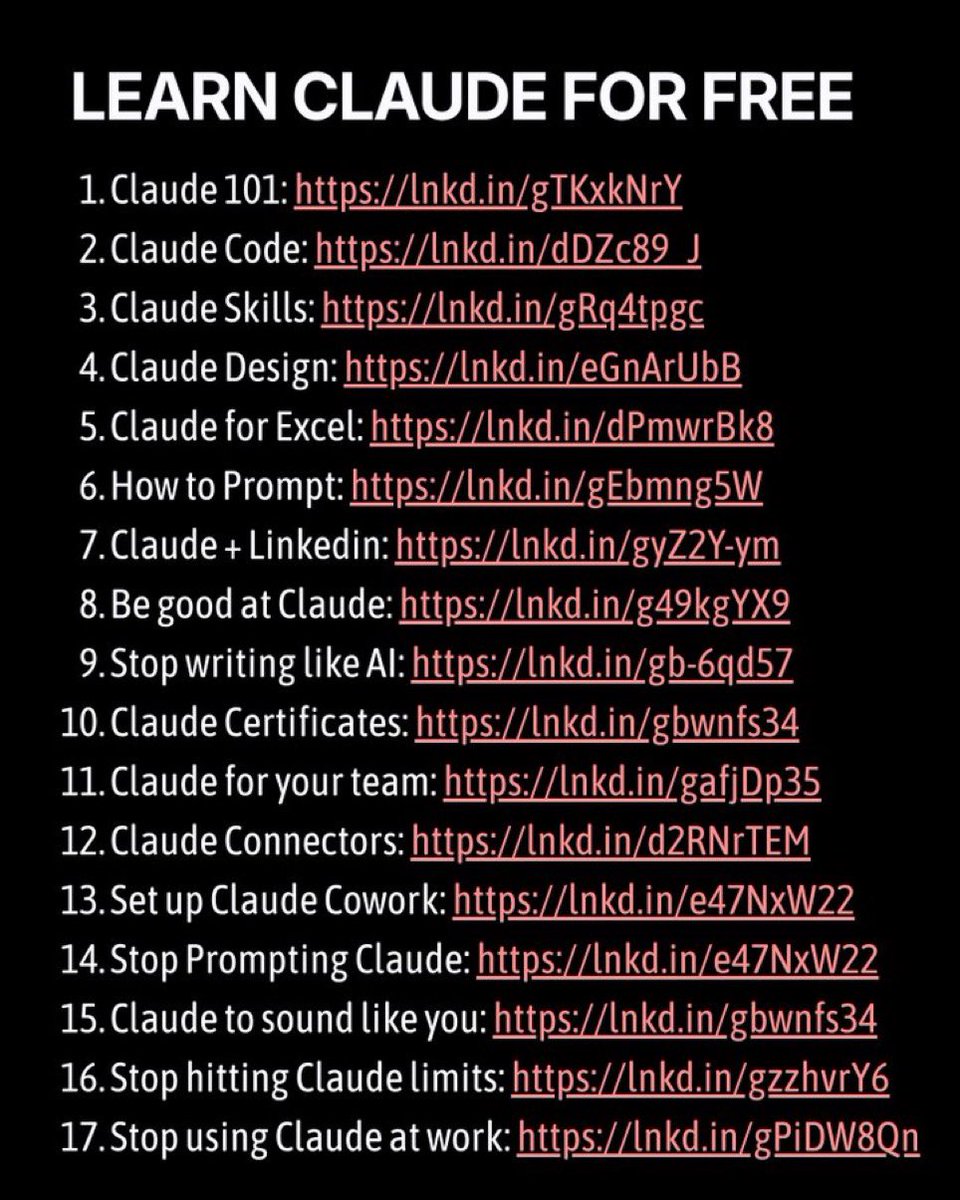 Orion_Vers7x's tweet photo. People think learning Claude takes days. It doesn't. 

I wrote 17 free guides that teach it in hours:

Claude 101: https://t.co/yl0P9LIUFN…
Claude Code: https://t.co/UsBxkirU6q…
Claude Skills: https://t.co/rNrpMSvKLj
Claude Design: https://t.co/weeQ3QULSy
Claude for Excel: https://t.co/eReaTEHlLK…
How to Prompt: https://t.co/YffBLh2fdF
Claude + Linkedin: https://t.co/TGtstuULE8…
Be good at Claude: https://t.co/ACZtKaewVy
Stop writing like AI: https://t.co/YIQGYz55A2…
Claude Certificates: https://t.co/k7sEk41iCc…
Claude for your team: https://t.co/owGgufhij0…
Claude Connectors: https://t.co/KzeCHmKqyv…
Set up Claude Cowork: https://t.co/XFMuTSJrNo…
Stop Prompting Claude: https://t.co/eUFNDEzSIJ…
Claude to sound like you: https://t.co/ff2GfvDPED…
Stop hitting Claude limits: https://t.co/LNsfZOtm3l…
Stop using Claude at work: https://t.co/X6zjggS0Wz…

___

If you’d love to see more content like this, don’t forget to follow  for more AI magic.