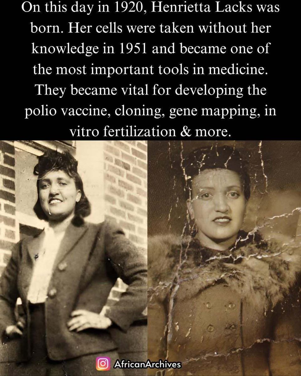 AfricanArchives's tweet photo. Henrietta was born on August 1, 1920, in Roanoke, Virginia, and later settled with her family near Baltimore, Maryland. Like many Black Americans living under segregation, she faced limited access to healthcare and unequal treatment throughout her life. Yet her legacy would go on to save millions of lives around the world.

In early 1951, Henrietta visited Johns Hopkins Hospital after discovering what she described as a knot in her womb and experiencing severe abnormal bleeding following the birth of her fifth child. Johns Hopkins was one of the few hospitals in the region that treated Black patients. Doctors diagnosed her with an aggressive form of cervical cancer and began treating her with radium, which was a standard cancer treatment at the time.

During one of her procedures, doctors removed samples of both healthy and cancerous tissue from her cervix without informing her or asking for her consent. At the time, obtaining permission from patients for tissue collection was not standard practice, but the ethical concerns surrounding Henrietta’s case would later transform medical research and patient rights.

The samples were given to researcher Dr. George Otto Gey, who discovered that Henrietta’s cancer cells behaved unlike any others previously studied. Instead of dying after only a few divisions, her cells continued multiplying indefinitely under laboratory conditions. They became the world’s first widely successful immortal human cell line and were named HeLa cells using the first two letters of her first and last names.

The impact of HeLa cells on science has been extraordinary. They played a crucial role in developing the polio vaccine, advanced cancer research, supported the study of viruses including HIV, contributed to gene mapping, cloning, in vitro fertilization, space biology experiments, and countless medical breakthroughs. More than 70 years later, HeLa cells continue to be used in laboratories around the world and have contributed to tens of thousands of scientific studies.

Henrietta Lacks passed away on October 4, 1951, at just 31 years old, never knowing that her cells would become one of the most valuable tools in medical history. For decades, neither she nor her family received recognition or compensation while her cells were distributed globally for research. Her story eventually sparked international conversations about informed consent, medical ethics, patient privacy, and racial inequities in healthcare. 

If you love our content and would like to support the page, you can buy us a coffee here: https://t.co/K1AhtZuOFs or tap Link in Bio