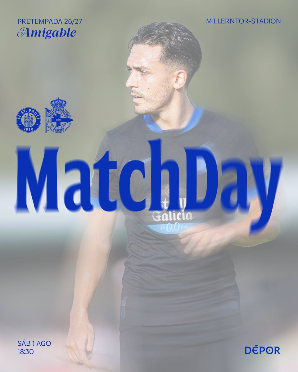 RCDeportivo's tweet photo. 𝐃𝐢́𝐚 𝐝𝐞 𝐩𝐚𝐫𝐭𝐢𝐝𝐨

⚽ FC ST Pauli - #Dépor
⌚ 18:30h
📍 Millerntor-Stadion
📺 YouTube RC Deportivo

#StPauliDépor https://t.co/6cnNjtK99o