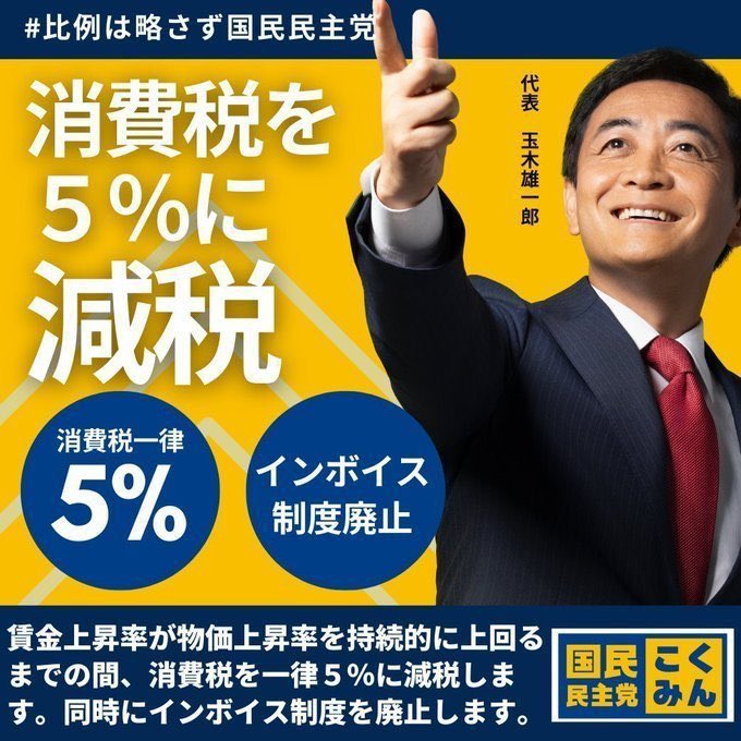 tamakiyuichiro's tweet photo. 【なぜ、国民民主党の消費税5％減税は「条件付き」だったのか】

国民民主党の消費税5％減税は、もともと「名目賃金上昇率が物価上昇率＋2％に達するまで」という条件付きでした。

理由は、私たちが推し進めてきた「高圧経済」（積極財政＋金融緩和）はデフレ脱却には有効ですが、やり過ぎるとインフレを加速させるという副作用があるからです。

経済学には「NAIRU (Non-Accelerating Inflation Rate of Unemployment) 」すなわち、「インフレを加速させない失業率」という考え方があります。

私たちは、その賃金版ともいえる「インフレを加速させない名目賃金上昇率（賃金版NAIRU）」を政策の目安にしました。

つまり、名目賃金が物価＋2％（実質賃金2％）に届くまでは、消費税減税で家計を支え、届いたらその必要はないという考え方です。

景気対策として（単一税率での）消費税減税を否定するものではありませんが、名目賃金上昇率が3年連続5%を超えた今、5%もの大幅な減税はかえってインフレを加速させると考えます。

このように、国民民主党の消費税5％減税は、最初からインフレを加速させないための「条件付き」経済政策であり、そのことは公約にも明記していました。

デフレをインフレに転換する政策をインフレになってからも継続してしまうと、インフレが加速するのは当たり前です。

今必要なのは、インフレを抑え、国民の手取りを増やす政策です。