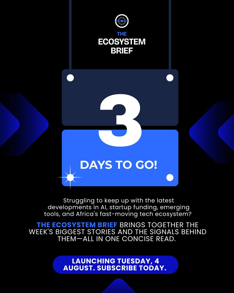 ecosystembrief's tweet photo. 3 days to go.

AI. Startup funding. New tools. Africa's tech ecosystem.

Get the stories that matter—and the signals behind them—in one concise newsletter every Tuesday.

Launching 4 August.

Subscribe: https://t.co/U3KjFcydS1

#AI #AfricaTech #Startups #TechNews https://t.co/UzsQGokzWO