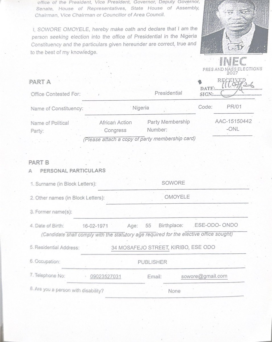 Imranmuhdz's tweet photo. Credentials and personal particulars of SOWORE OMOYELE, the AAC presidential candidate for 2027, as published by INEC today: https://t.co/fWrmxT1Hk9