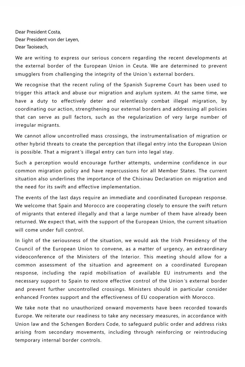 alemannoEU's tweet photo. 22 EU leaders signed a letter demanding “unity” on #Ceuta while some of them had spent the prior 72 hours threatening to expel Spain from Schengen, a measure Schengen law doesn’t even provide for. 

The letter blames a Spanish court ruling for a smuggling-driven attack on the EU’s external border, while the states most invested in EU political and institutional integrity- France, Portugal, Ireland, & Luxembourg - didn’t sign at all. 

In one of the roughest moments for EU integration in years, this reads less like solidarity and more like a hastily assembled alibi. 

Who does that division actually serve? @eucopresident @vonderleyen https://t.co/W5nooYxuRU