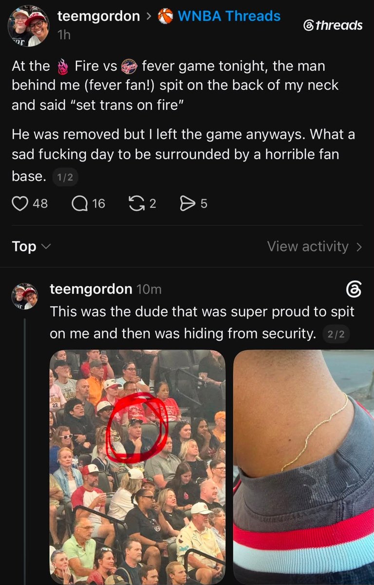 sexychar72's tweet photo. Where's all the Clark Clans and Sophie's Clans that was speaking out about last week in Seattle. Here we have a Fever fans last night at the Portland Fire game spitting on a person because of @sophaller. https://t.co/bB9LUKDg7d