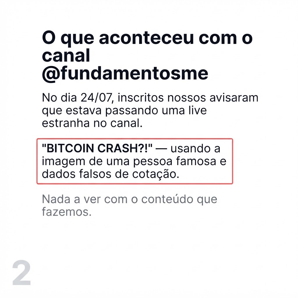 fundamentosme's tweet photo. O que aconteceu com o canal @fundamentosme: no dia 24/07, inscritos nossos avisaram que estava passando uma live estranha no canal "BITCOIN CRASH?!", usando a imagem de uma pessoa famosa e dados falsos de cotação. Nada a ver com o conteúdo que fazemos. https://t.co/a5jcezeyJi