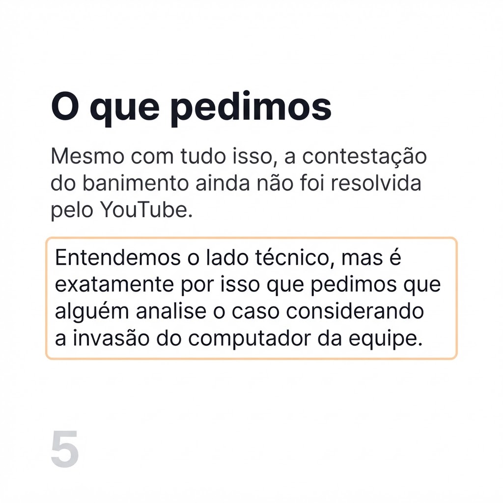 fundamentosme's tweet photo. Mesmo com tudo isso, a contestação do banimento ainda não foi resolvida pelo @YouTube . Entendemos o lado técnico, mas é exatamente por isso que pedimos que o @YouTubeBrasil analise o caso considerando a invasão do computador da equipe. https://t.co/sO4yienGea
