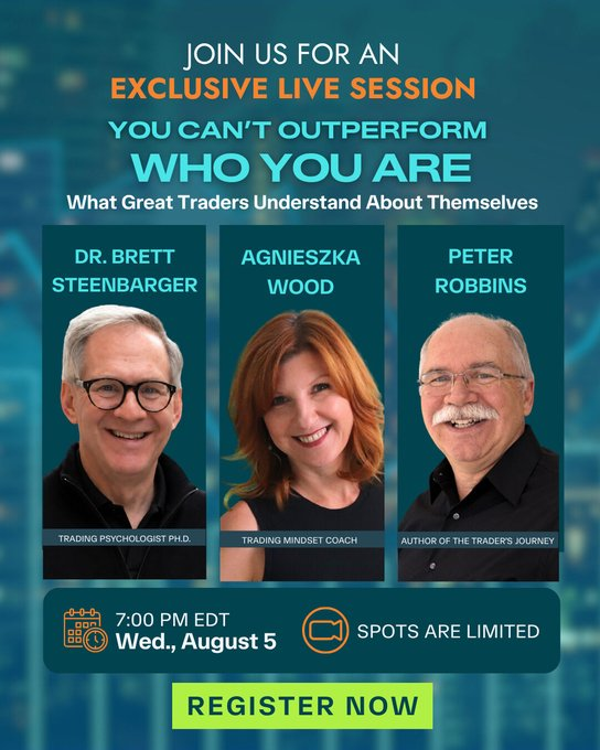 prrobbins's tweet photo. What if your next trading breakthrough comes from understanding yourself, not learning another strategy?

Join me, Dr. Brett Steenbarger @steenbab and Agnieszka Wood @Ahead_Coach for a live conversation on the psychology behind consistent trading.

📅 August 5 📷 7:00 PM EDT  Register here:
https://t.co/KB9uCWdJZT
